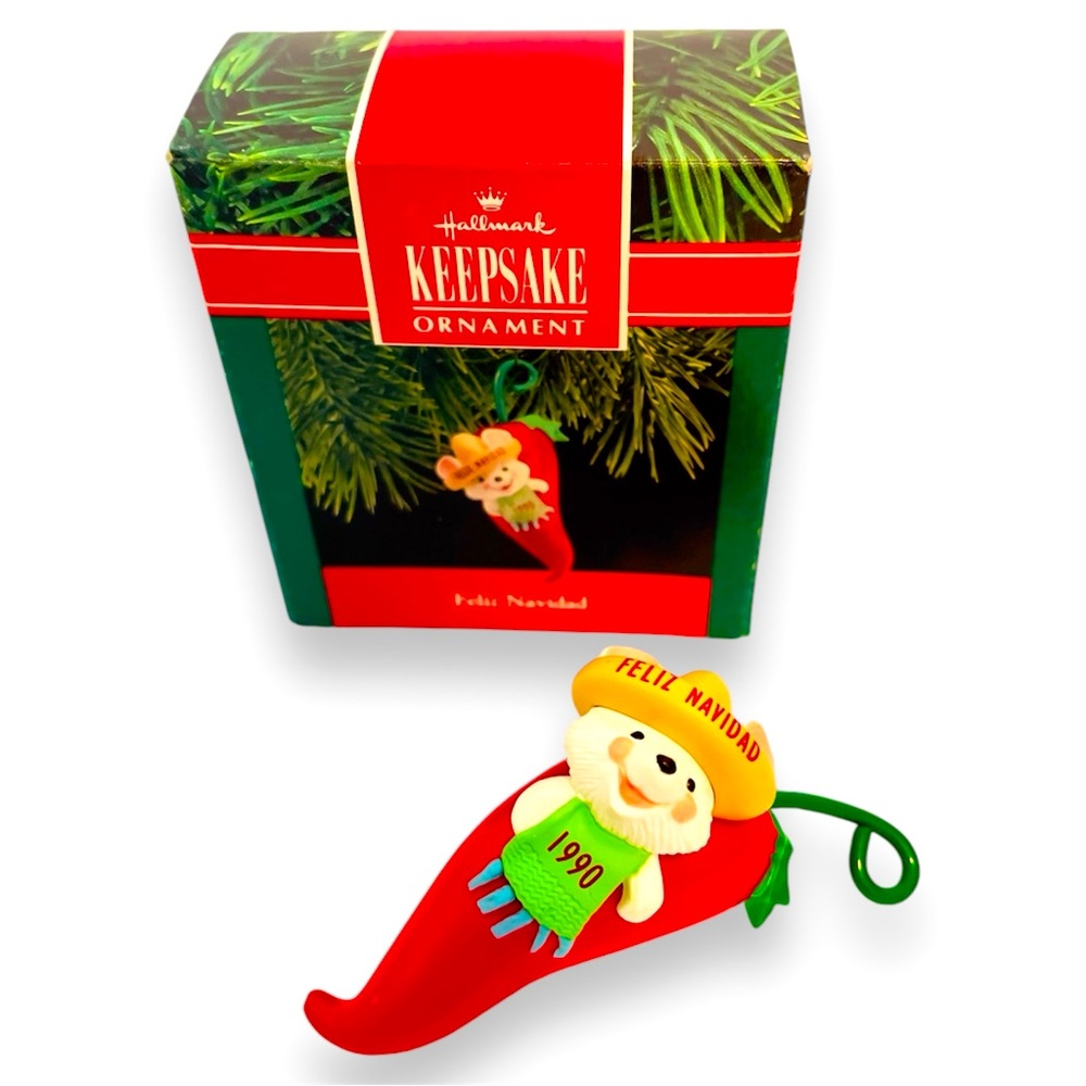 Christmas 
Ornament Vintage Hallmark Feliz Navidad Mouse Red Hot Chili Pepper